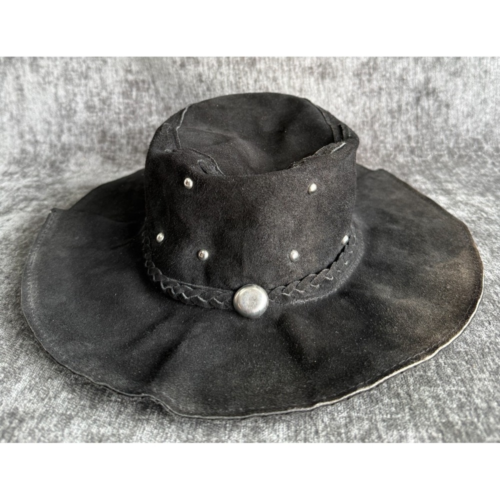 Mens Sz Medium Floppy Western Leather Suede Hat Black Bucket Cowboy
